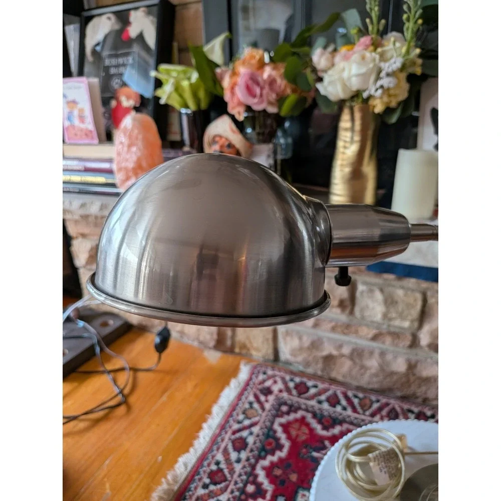 Vintage Mid-Century Gooseneck Desk Lamp – Brushed Nickel & Orange/Wood Tone Stem
